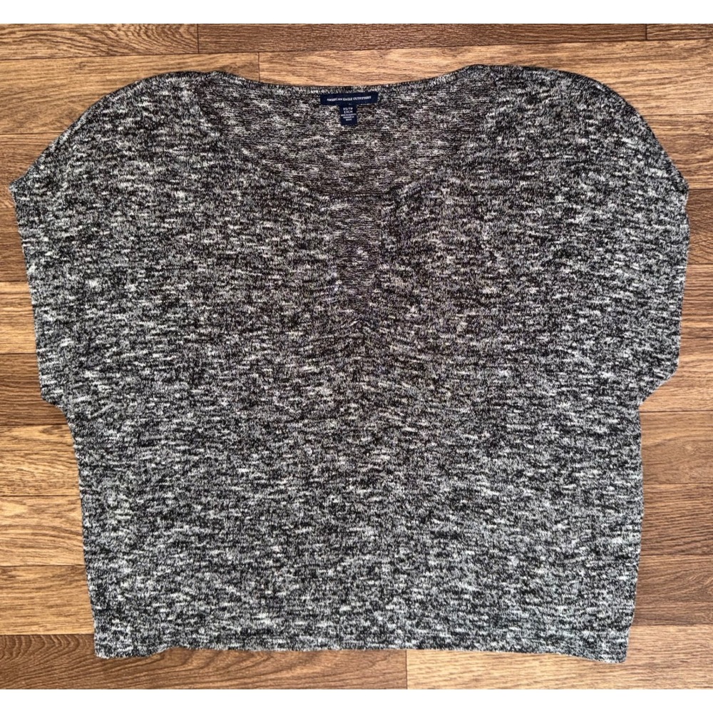 American Eagle Knit Top V-Neck Dolman Sleeve Black White XS‎